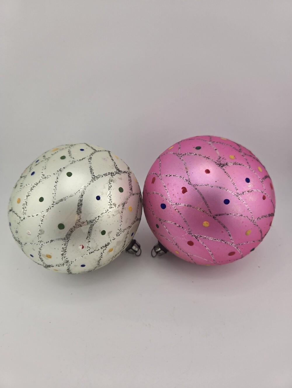 Set of 2 Vtg Jumbo Christmas Glass Ball Ornaments Pink White Glitter Polka Dot